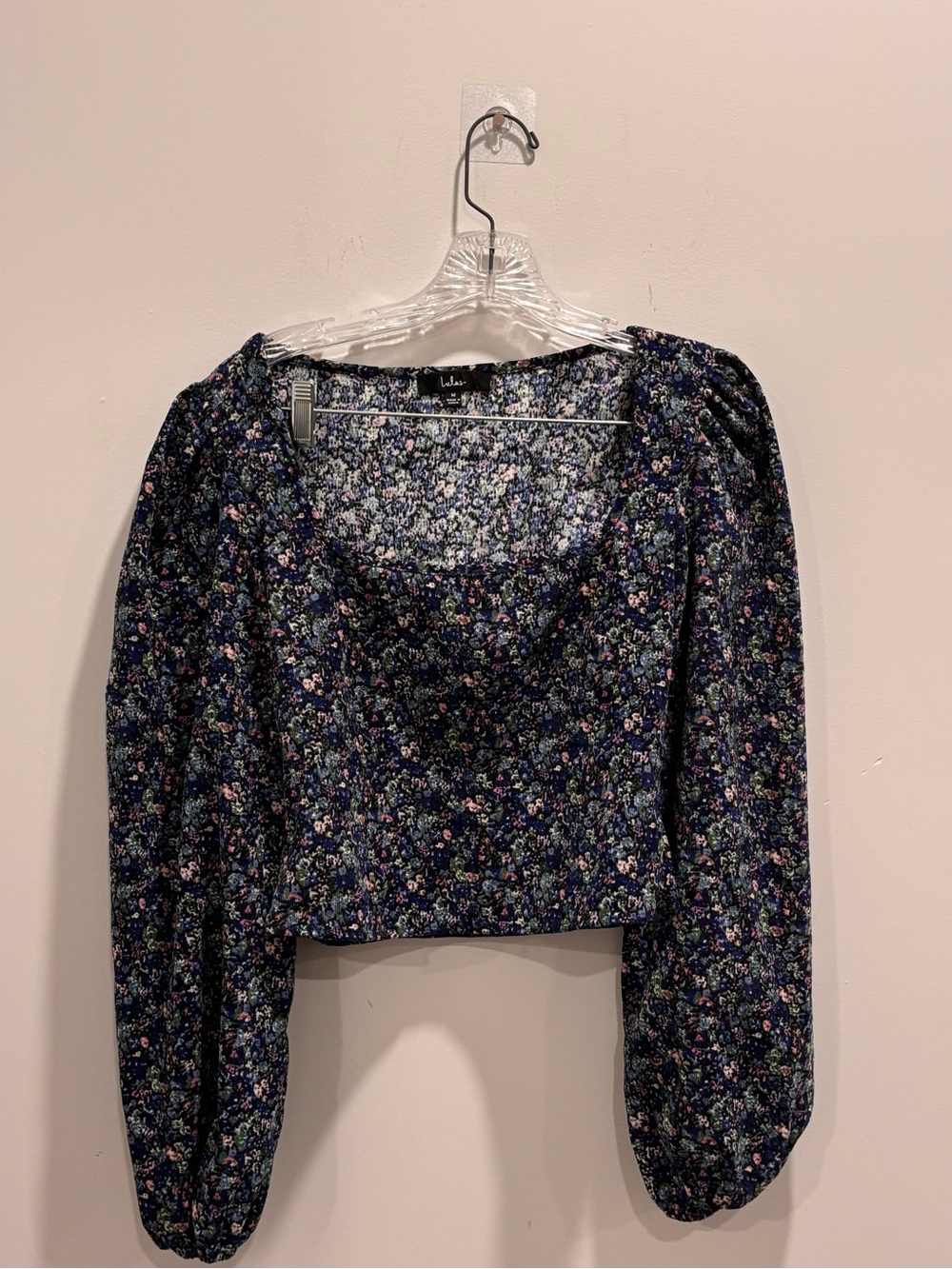 Lulu's Navy Floral Puff Sleeve Square Neck Crop Top - Picture 3 of 11